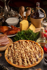 Pizza with bacon and chicken with barbecue sauce