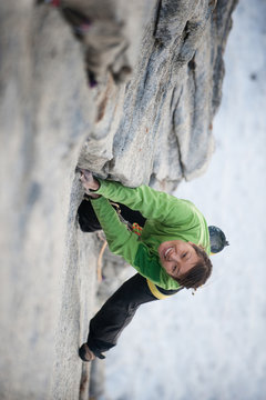 Kuan Chang climbs The Line (5.9) at Lover's Leap in Lake Tahoe, California.