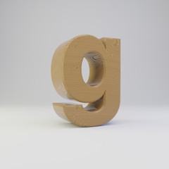 3D letter G lowercase. Wooden font isolated on white background.
