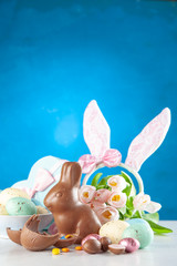 Chocolate Easter bunny and eggs