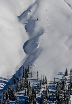 Ski guide Dave Gauley in the Cariboo Mountains of British Columbia.  His group of skiers is not far behind.