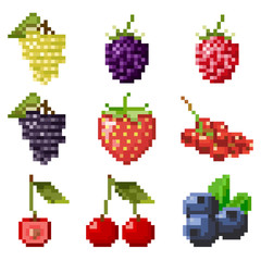 Big collection of pixel berries including strawberry, cherry, currant, raspberry, blueberry, grape isolated on white background. Healthy food. Fresh and tasty berries. Old style 8 bit icons.