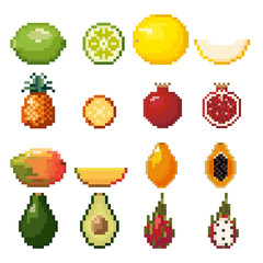 Collection of pixel fruits including lime, melon, pineapple, garnet, mango, avocado isolated on white background. Healthy food. Fresh and tasty exotic fruits. Old style 8 bit icons.