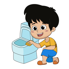 Kid help their parents to clean a toilet.