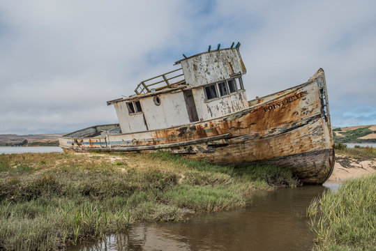 An Old Grounded Boat On A Sandbar Near Point Reys, California.