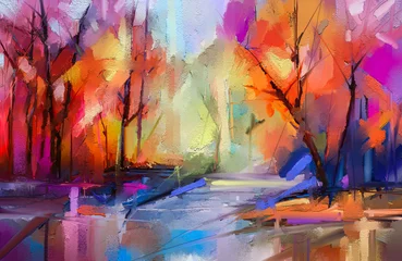 Ölgemälde bunte Herbstbäume. Halb abstraktes Bild von Wald, Landschaften mit gelb-rotem Blatt und See. Herbst, Naturhintergrund der Herbstsaison. Handgemalter Impressionist, Landschaft im Freien © nongkran_ch