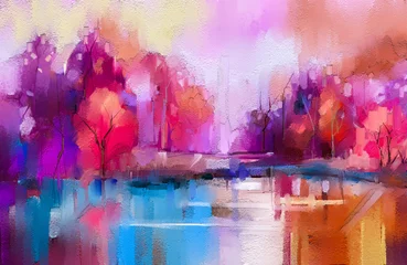 Ölgemälde bunte Herbstbäume. Halb abstraktes Bild von Wald, Landschaften mit gelb-rotem Blatt und See. Herbst, Naturhintergrund der Herbstsaison. Handgemalter Impressionist, Landschaft im Freien © nongkran_ch