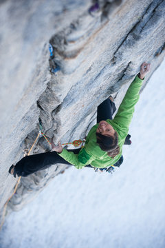Kuan Chang climbs The Line (5.9) at Lover's Leap in Lake Tahoe, California.