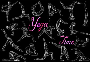 Big set of hand drawn sketch style abstract people doing yoga isolated on black background. Vector illustration.