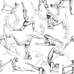 Seamless pattern of hand drawn sketch style abstract people doing yoga isolated on white background. Vector illustration.