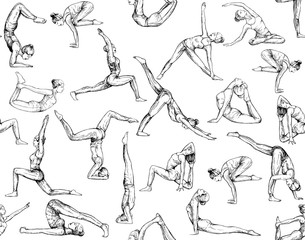 Seamless pattern of hand drawn sketch style abstract people doing yoga isolated on white background. Vector illustration.