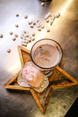 Chef cook cocoa. Marshmallow Milk. Whipped cream. Dessert. Chef's hands. Kitchen processors.