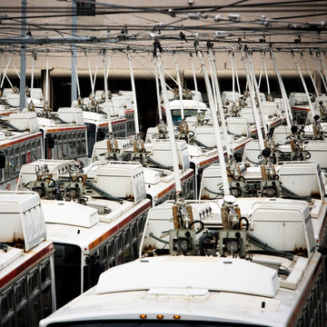 Rows of electric powered buses, San Francisco, California.