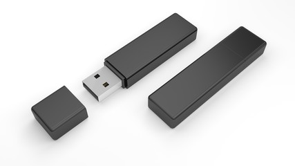 Black USB flash drive isolated on white background. Pen drive. Flash stick. 3d illustration.