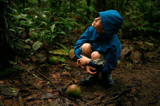 Young boy looking up at tree in Amazon Rainforest
