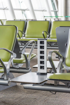 Seats with row of electrical outlets, Brasilia, Distrito Federal, Brazil