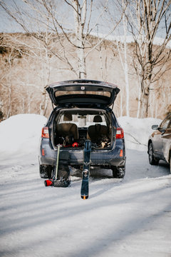 Backcountry skiers car full of gear, Pinkham Notch, New Hampshire, USA