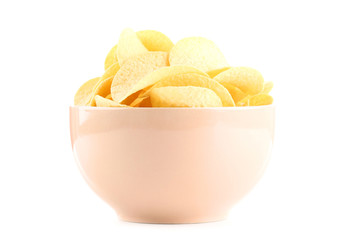 Potato chips in bowl isolated on white background