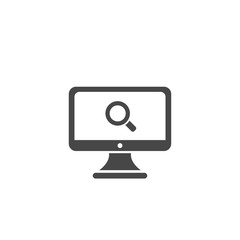 Black computer monitor with black magnifier. isolated on white. Flat vector simple icon. Internet search symbol.