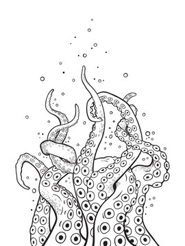Octopus tentacles curl and intertwined hand drawn black and white line art coloring book pages for kids and adults vetor illustration.