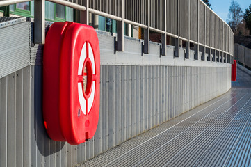 Lifebuoy Life Saver in Red Box on a dock at Habour. Rescue in emergency conpect.