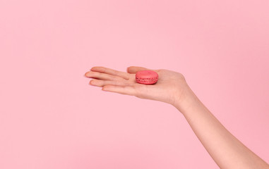 Crop hand holding macaron on palm