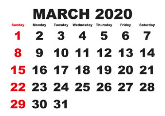 March month calendar 2020 english USA