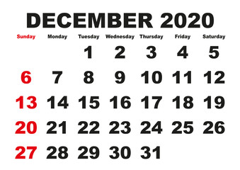 December month calendar 2020 english USA