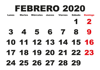 Febrero 2020 wall calendar spanish
