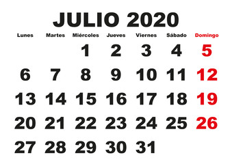 Julio 2020 wall calendar spanish