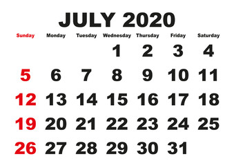 July month calendar 2020 english USA