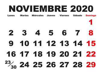 Noviembre 2020 wall calendar spanish