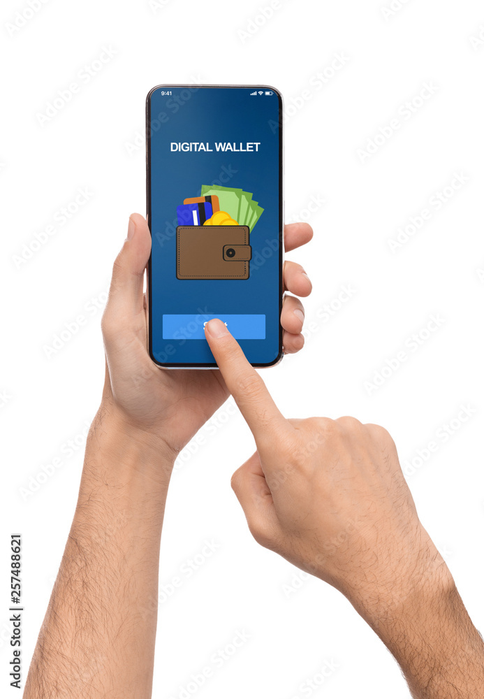 Poster Man using smartphone with digital wallet application