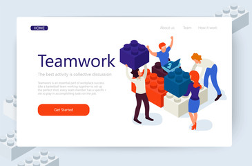 Web page template of teamwork. Business concept. Isometric flat 3d illustration. Can use for web banner, infographics, hero images. 