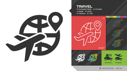 Vector travel black glyph silhouette and editable stroke thin outline single icon with flight airplane, globe world and location geo tag sign.
