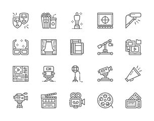 Set of Cinema Line Icons. Popcorn, Masks, Clapper Board, Tickets and more.