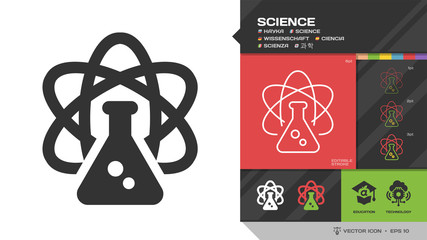 Vector science black glyph silhouette and editable stroke thin outline single icon with conical flask or lab beaker and atom energy nuclear symbol.
