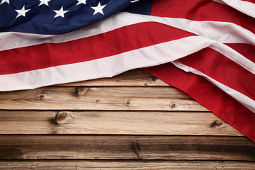 American flag on brown wooden table