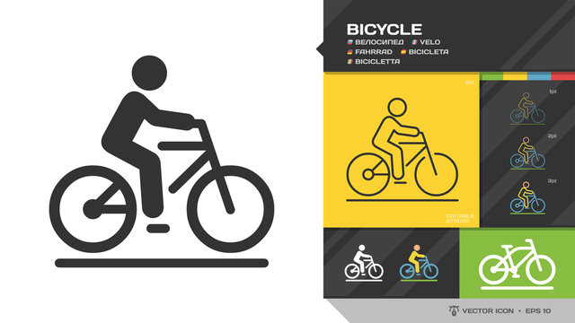 Vector isolated bicycle black silhouette and editable stroke line icon. Bike symbol with rider on road color shape and outline pictogram.
