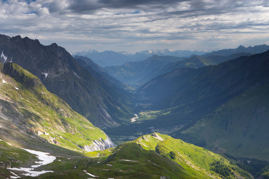 View over the Swiss Val Ferret to the village of Fouly, as seen from Col Ferret on the border of Italy and Switzerland.