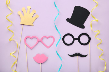 Paper booth props for party on purple background