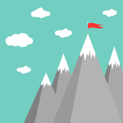 Red flag on a mountain peak. success, high results symbol. Landscape with mountains and clouds.