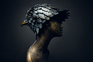 Closeup of bronze head of mannequin in decorated bronze head-wear bird head shaped, dark studio...