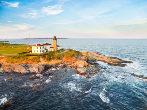 Aerial view of lighthouse at moonrise