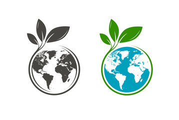 Green leafs and globe logo. Eco, natural, organic icon or symbol. Vector
