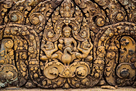 Ancient bas relief at Angkor Wat temple, Siem Reap, Cambodia
