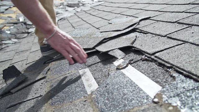 Contractor with damaged old asphalt roof shingles on residential home