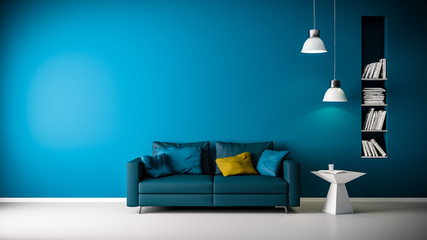 3D Rendering von Couch oder Sofa in Raum oder Wohnzimmer mit Bücherregal vor blauer Wand und Platz für Textfreiraum in modernen und minimalistischen Interieur