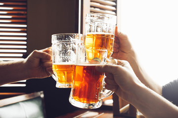 friends drinking beer from mugs in brewery pub