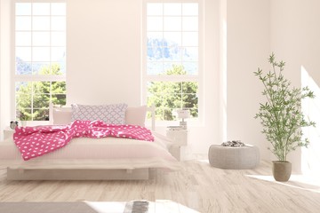 White stylish minimalist bedroom with summer landscape in window. Scandinavian interior design. 3D illustration